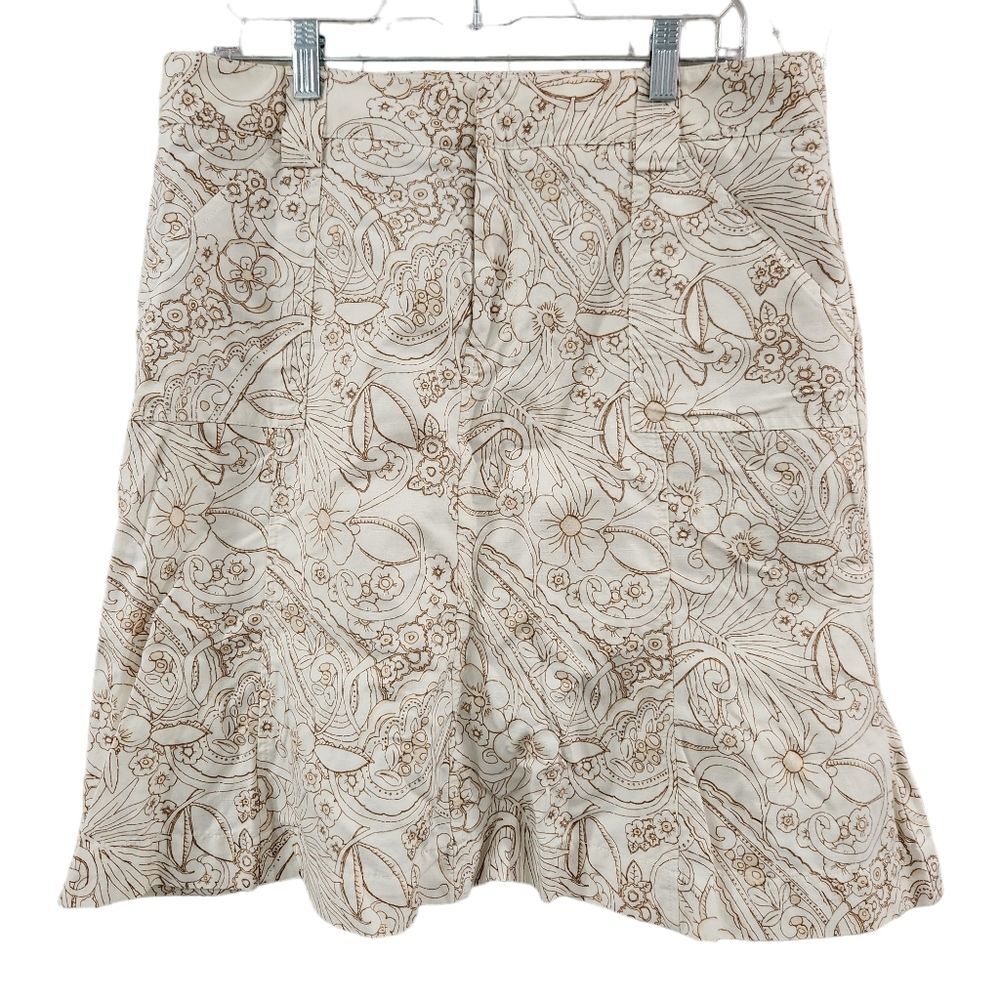Eddie‎ Bauer Women Petite 12 Floral Paisley Cotton Linen A-Line Skirt White Tan